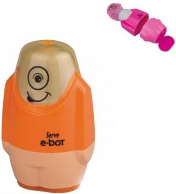 Serve E-Bot Çift Kalemtıraşlı Silgi Fosforlu Turuncu Renk