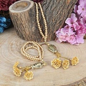 10 Adet Güllü İnci Tesbih Laleli Gold 6 mm