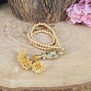  10 Adet Güllü İnci Tesbih Laleli Gold 6 mm