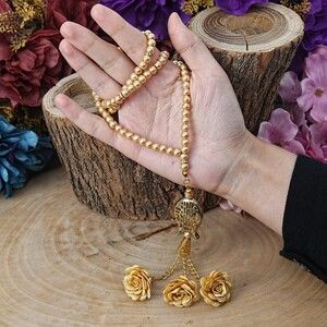  10 Adet Güllü İnci Tesbih Laleli Gold 6 mm