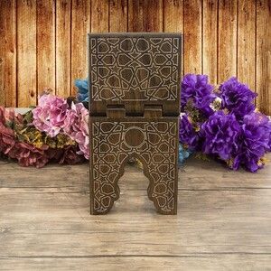  Ahşap Kitaplık ve Kuran Rahlesi 35*17 cm Rumi Desenli Kahve