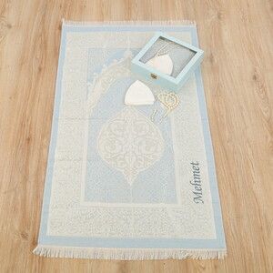  Ahşap Kutulu Seccade Seti-Mavi(24*24*6 cm,1040 gr)