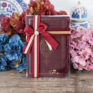  Anneler Günü Hediyesi Termo Yasin Kitabı (16x24 cm) 46 Sayfa, 99'lu İnci Tesbihli Set-Bordo