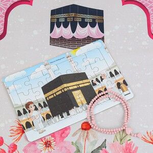  Çocuk Seccadesi Kabe Pembe & Kokulu Kalp İşlemeli Tesbih Bebek Pembesi & Hacca Gidiyorum Puzzle