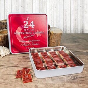 Öğretmenler Günü Çikolatası Türk Bayraklı Metal Kutuda 48 Adet Madlen Çikolata
