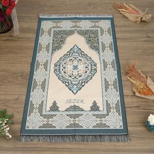 İsimli Hediyelik Tafta Seccade Mavi-Gold 68x110cm