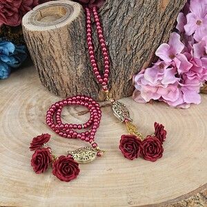 Güllü İnci Tesbih Laleli Bordo 6 mm