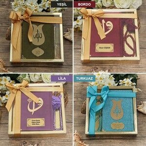  Hediyelik Kadife Kur'an-ı Kerim, İnci Tesbih, Gold Asetat Kutulu (20×20) Dini Set