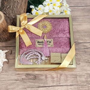 Hediyelik Kadife Yasin Kitabı Çantalı (İsme Özel), İnci Tesbih, Lokumlu Dini Set-Pembe