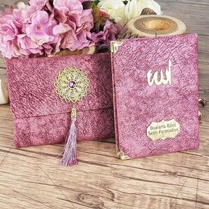  Hediyelik Kadife Yasin Kitabı Çantalı (İsme Özel), İnci Tesbih, Lokumlu Dini Set-Pembe
