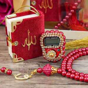  Hediyelik Mini Kur'an-ı Kerim & Lüks Taşlı Zikirmatik & İnci Tesbih Hediye Seti - Kırmızı