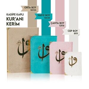  Kadife Kaplı Kur'an-ı Kerim Mühürlü (Çanta Boy), Elif Vav Pleksi, Mühürlü Renk Seçenekli