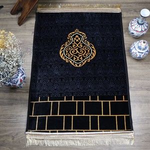 Kadife Peluş Seccade Hilye Motif (78x135 cm 1340 gr) - Siyah