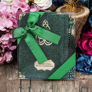 Kadife Yasin Kitabı (Çanta Boy), İnci Tesbih, Asetat Kutulu (17×15) Mevlid Seti-Yeşil