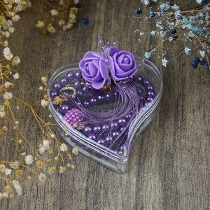 Kalpli Kutulu İnci Tesbih Gül Süslemeli, Etiketli - Mor