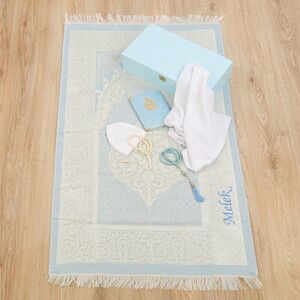  Lüks Ahşap Kutulu Seccade Seti -Mavi(37*20*8 cm,1.725 gr)
