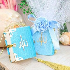 Mini Kur'an-ı Kerim Kadife Kaplı & Tül Süslemeli Mavi