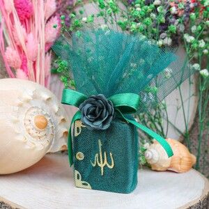  Mini Kur'an-ı Kerim Kadife Kaplı & Tül Süslemeli Yeşil