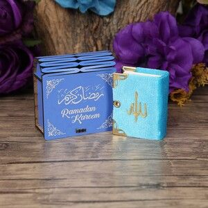 Ramazan Kerim Mini Ahşap Kutu & Mini Kur'an-ı Kerim Mavi (8x7cm)