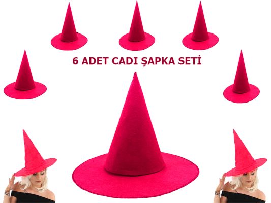 Fuşya Renk Keçe Cadı Şapkası 6 Adet