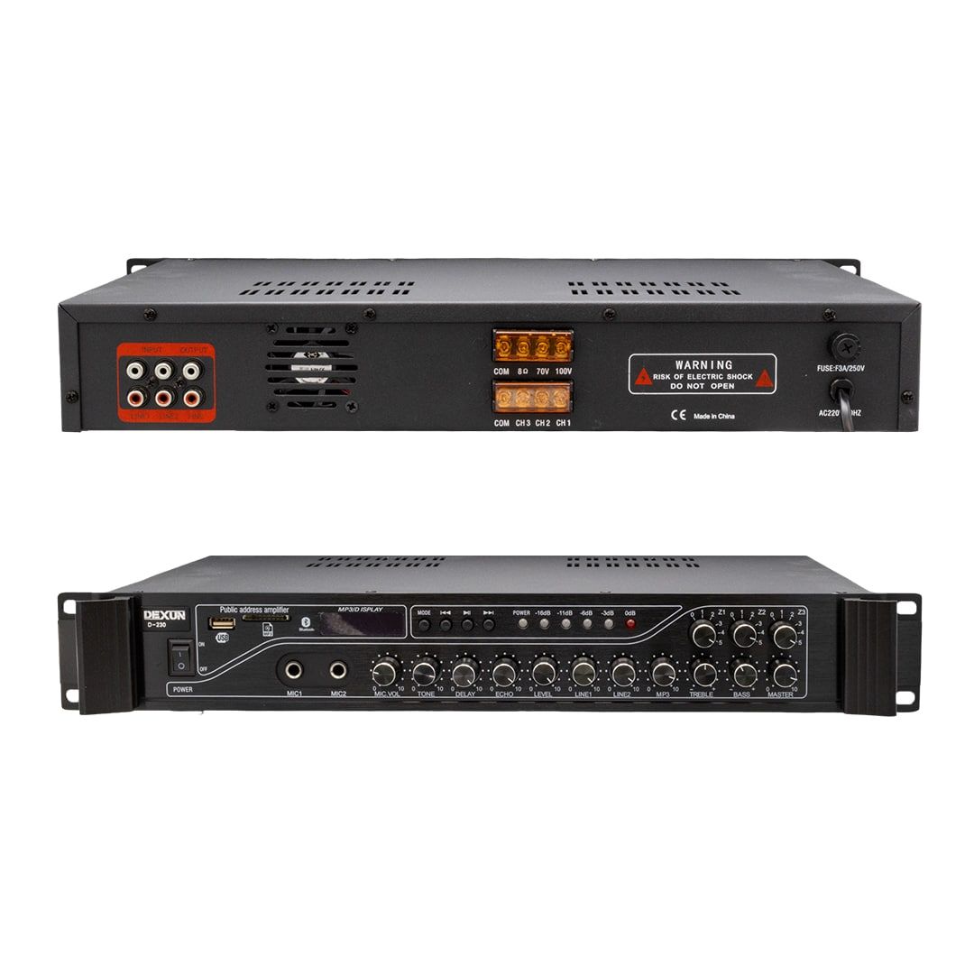 DEXUN D-230 250 WATT 3 ZONE İKİ MİK GRŞ USB-BT 4/16-70-100V HAT TRAFOLU ANFİ