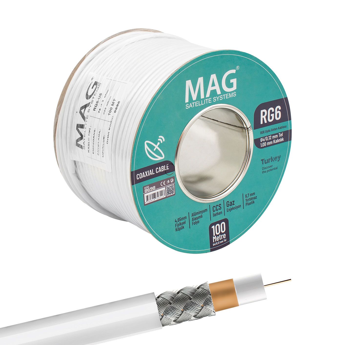 MAG RG6/U6 1.00 MM 64*0.12 TEL CCS MAKARALI ANTEN KABLOSU YERLİ ÜRETİM (100 METRE)