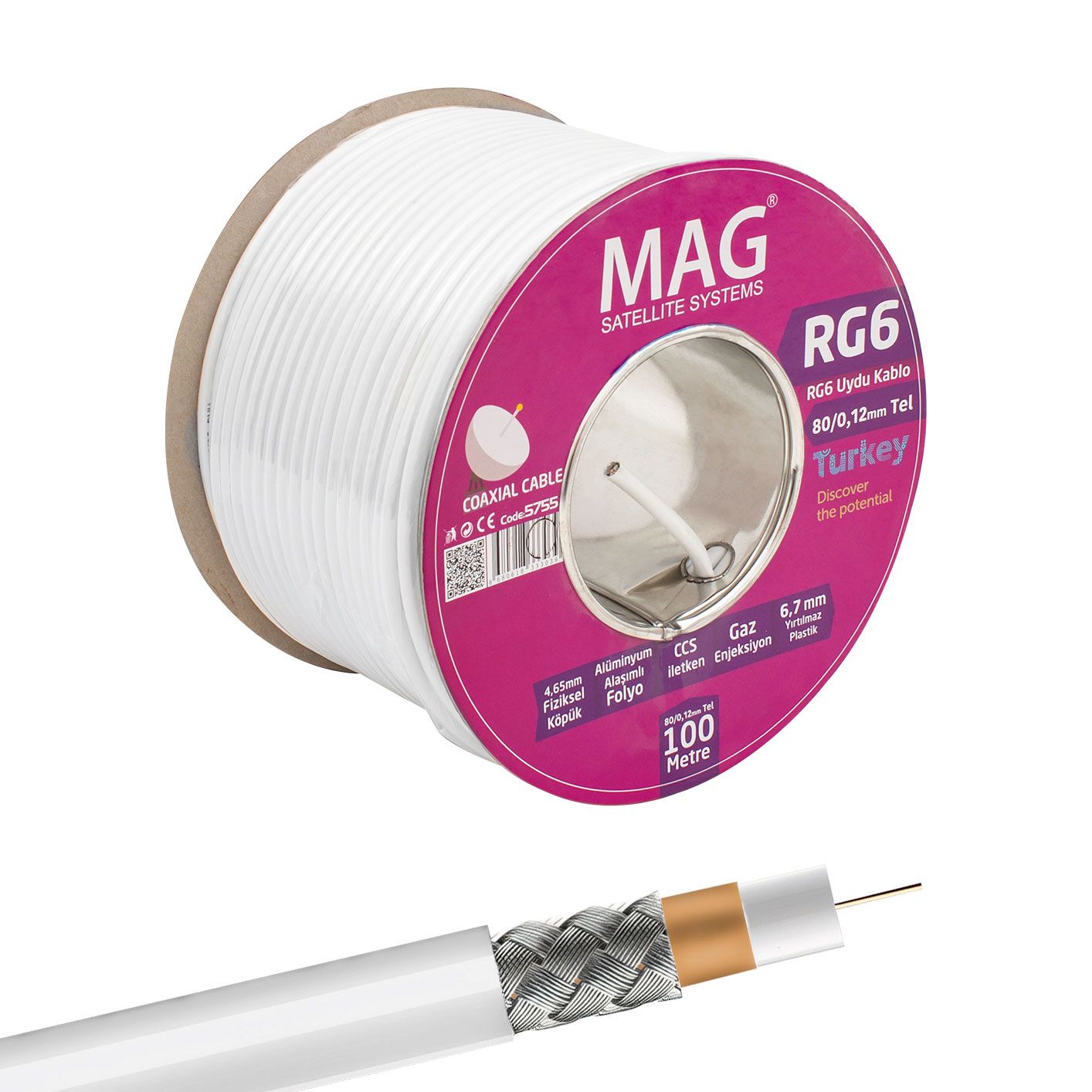 MAG RG6/U6 1.02 MM 80 TELLİ CCS MAKARALI ANTEN KABLOSU YERLİ ÜRETİM (100 METRE)