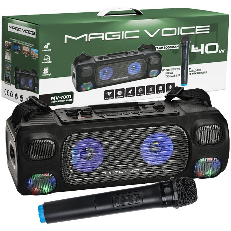  MAGICVOICE MV-7001 VHF EL MİK USB/SD/BT/UK 40 WATT IŞIKLI TAŞINABİLİR ŞARJLI  SEYYAR ANFİ