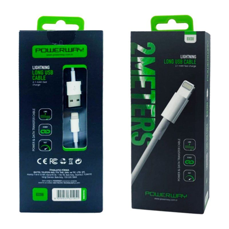  POWERWAY BX08 İPHONE 2100 MA HIZLI 2 METRE ŞARJ VE DATA KABLOSU