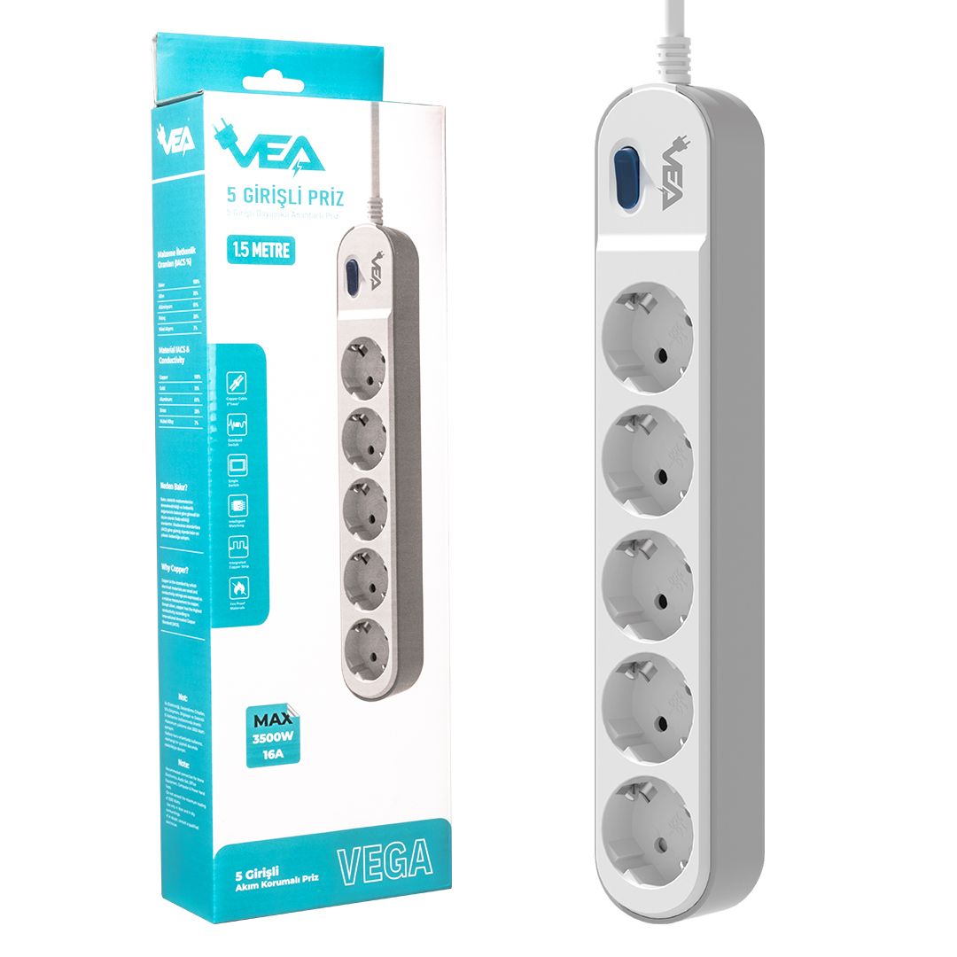  VEA VE-VEGA105 A CLASS 5Lİ ANAHTARLI 1.5 METRE AKIM KORUMALI GRUP PRİZ