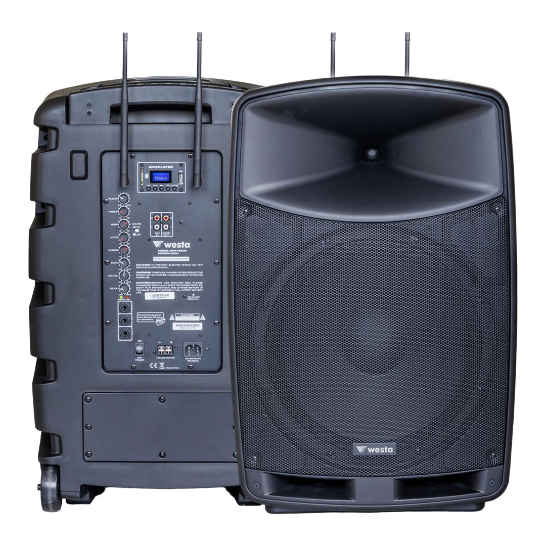  WESTA WAP-15505 400 WATT 15 2 YOLLU 2 EL TELSİZ MİKROFONLU BLUETOOTH ÖZELLİKLİ ŞARJLI AKTİF KABİN HOPARLÖR