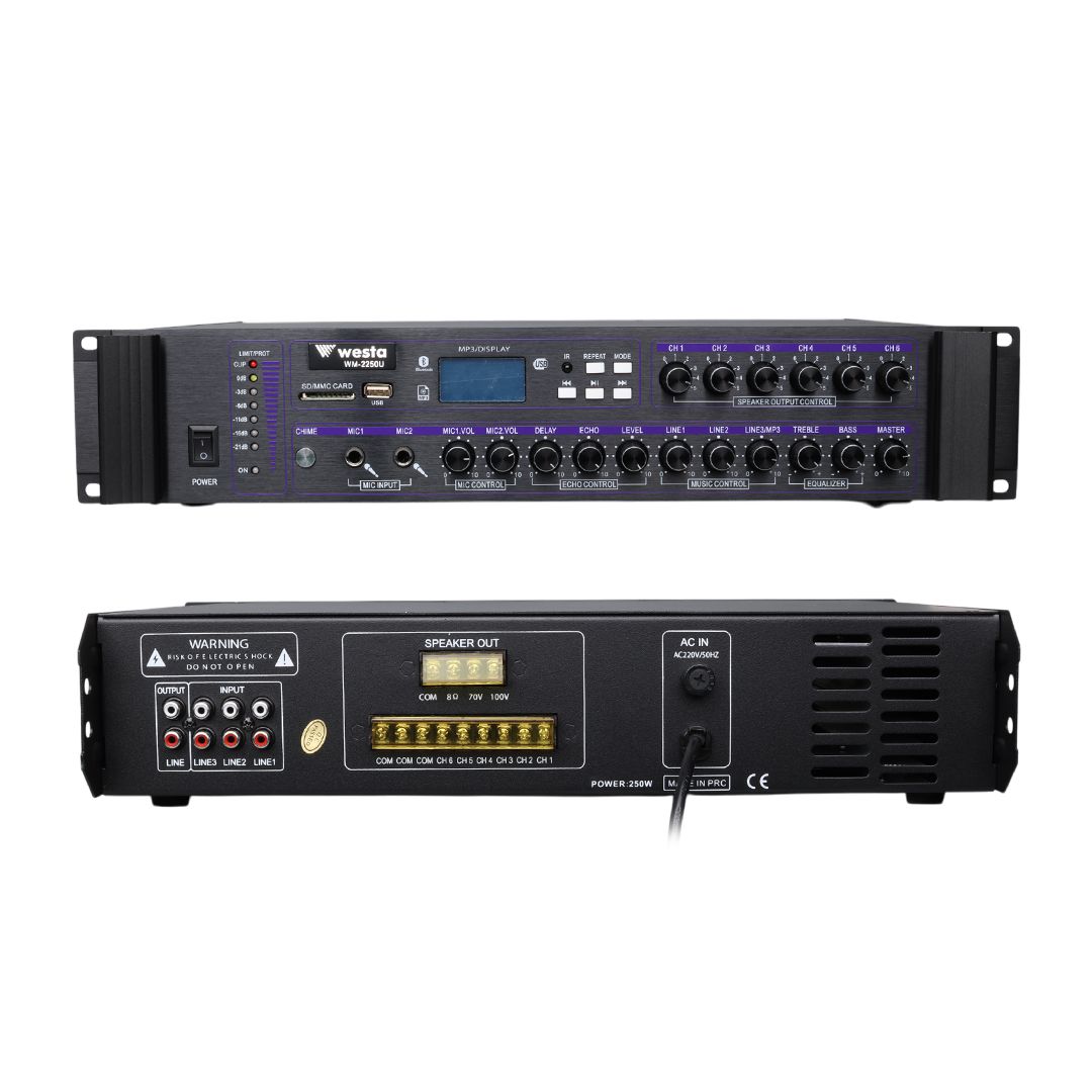  WESTA WM-2250U 250 WATT 100 VOLT USB/MP3/BLUETOOTH 6 BÖLGELİ TRAFOLU MIXER ANFİ