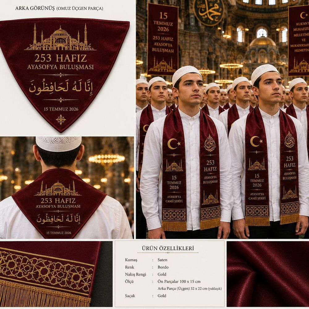  15 Temmuz 2026 253 Hafız Ayasofya Buluşması Bordo Gold Nakışlı Hafızlık İcazet Merasim Atkısı