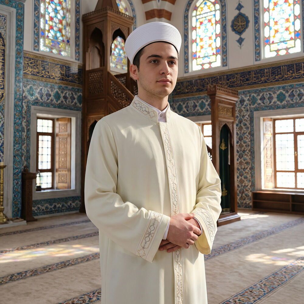  Alim İmam Cübbesi Tek Bordürlü Krem