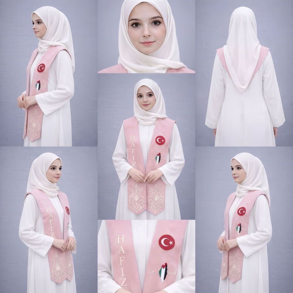  Bayan Hafızlık İcazet Merasimi Çocuk Ferace Abaya Krem Renk Elbise + Pembe Atkı