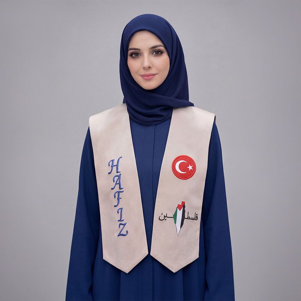  Hafızlık İcazet Merasim Atkısı Filistin,Türkiye Bayrak İşlemeli Nakışsız-Vizon