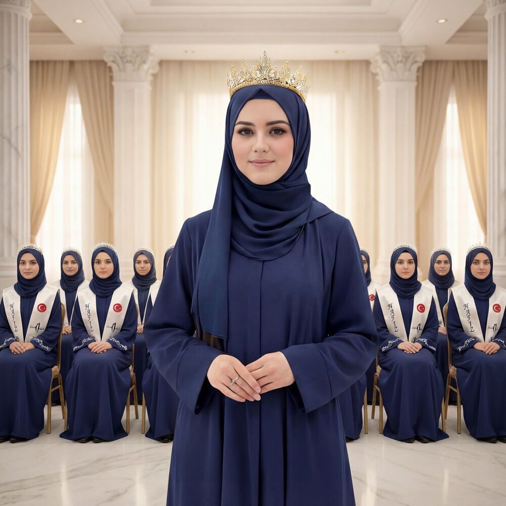  Hafızlık İcazet Merasim Bayan Meryem Ferace Abaya İndigo Elbise Kol Nakışlı