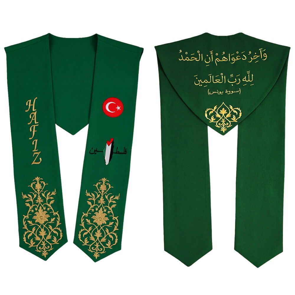  Hafızlık İcazet Merasim Atkısı Türk Filistin Bayraklı Nakışlı-Yeşil