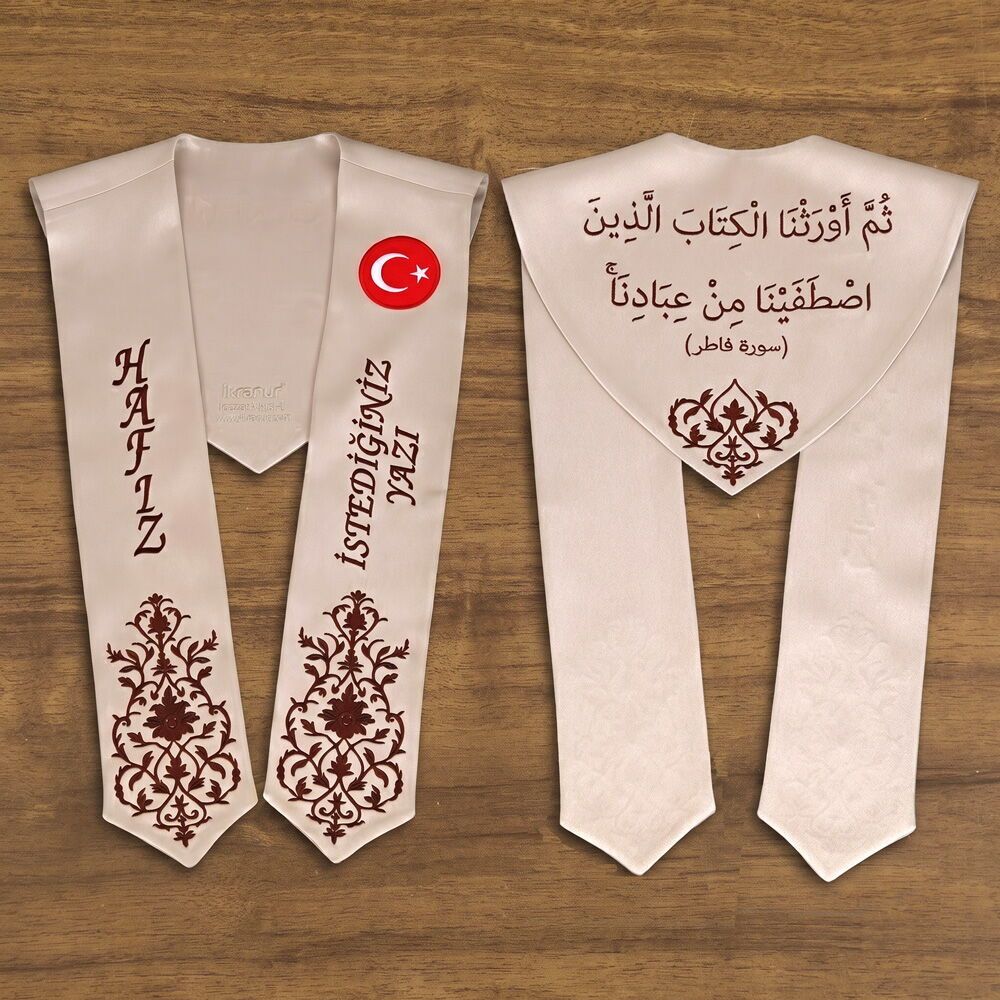  Hafızlık İcazet Merasim Atkısı Türk Bayraklı-İsme Özel Koyu Kahve Nakışlı-Vizon