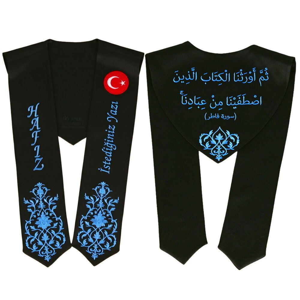 Hafızlık İcazet Merasim Atkısı Türk Bayraklı-İsme Özel İndigo Nakışlı -Siyah