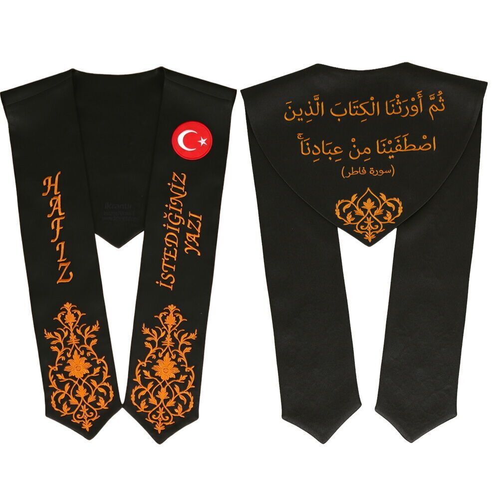  Hafızlık İcazet Merasim Atkısı Türk Bayraklı-İsme Özel Kremit Nakışlı-Siyah