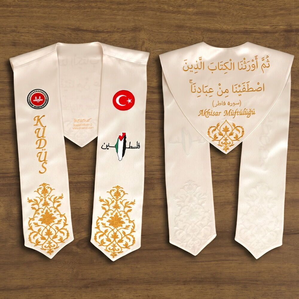  Hafızlık İcazet Atkısı Türk-Filistin-Diyanet Kursa Özel Gold Nakışlı-Krem