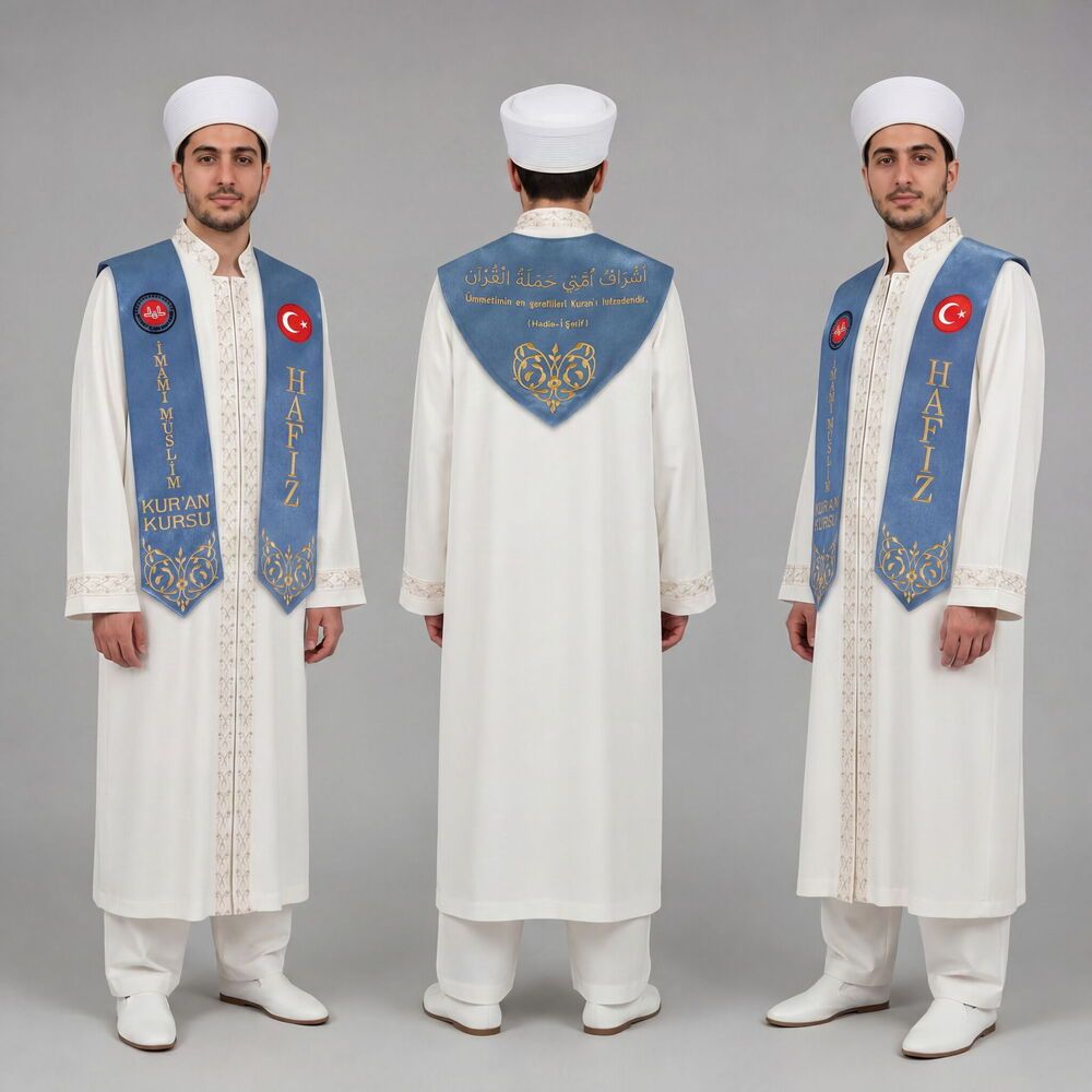  Hafızlık İcazet Atkısı Türk-Diyanet Logo İşlemeli Kursa Özel Gold Nakışlı-İndigo