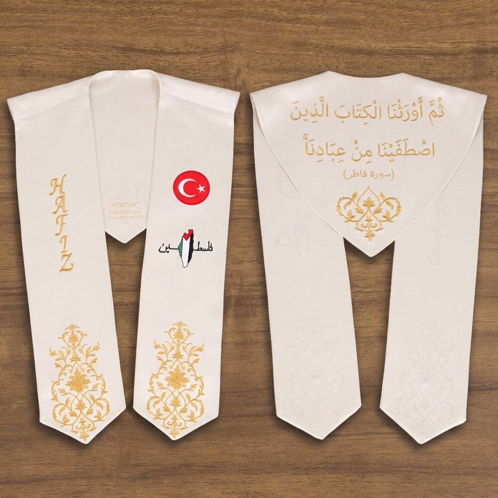  Hafızlık İcazet Merasim Atkısı Türkiye ve Filistin Bayrak İşlemeli Gold Nakışlı-Krem