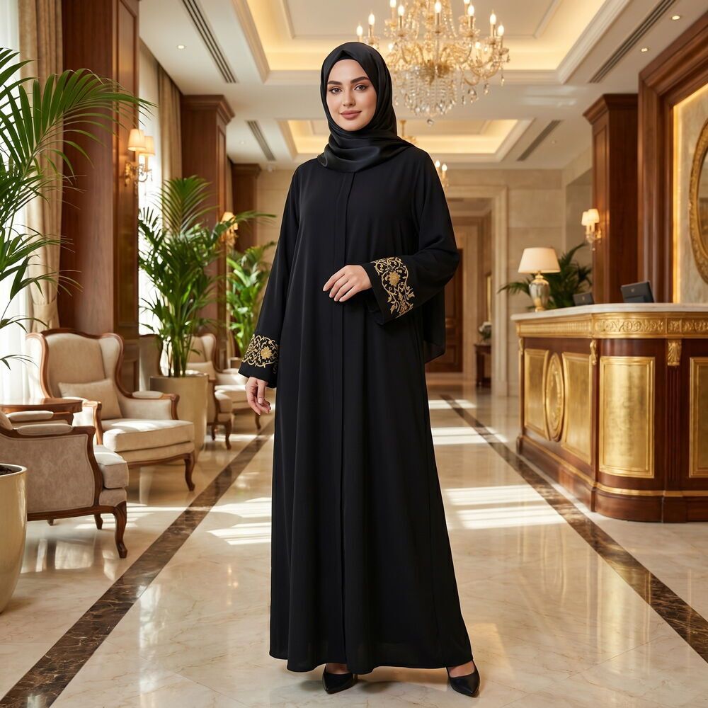 Hafızlık İcazet Merasim Bayan Gamze Ferace Abaya Elbise Gold Kol Nakışlı - Siyah