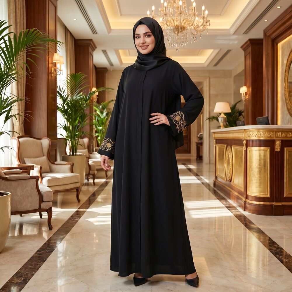  Hafızlık İcazet Merasim Bayan Gamze Ferace Abaya Elbise Gold Kol Nakışlı - Siyah