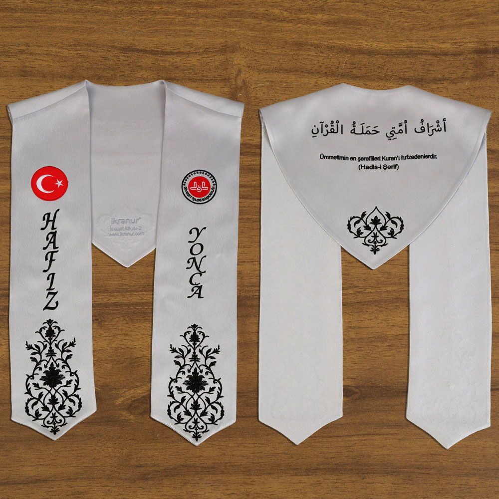  Hafızlık İcazet Merasim Atkısı Türk Bayraklı-Diyanet Logolu İsme Özel Siyah Nakışlı-Gümüş