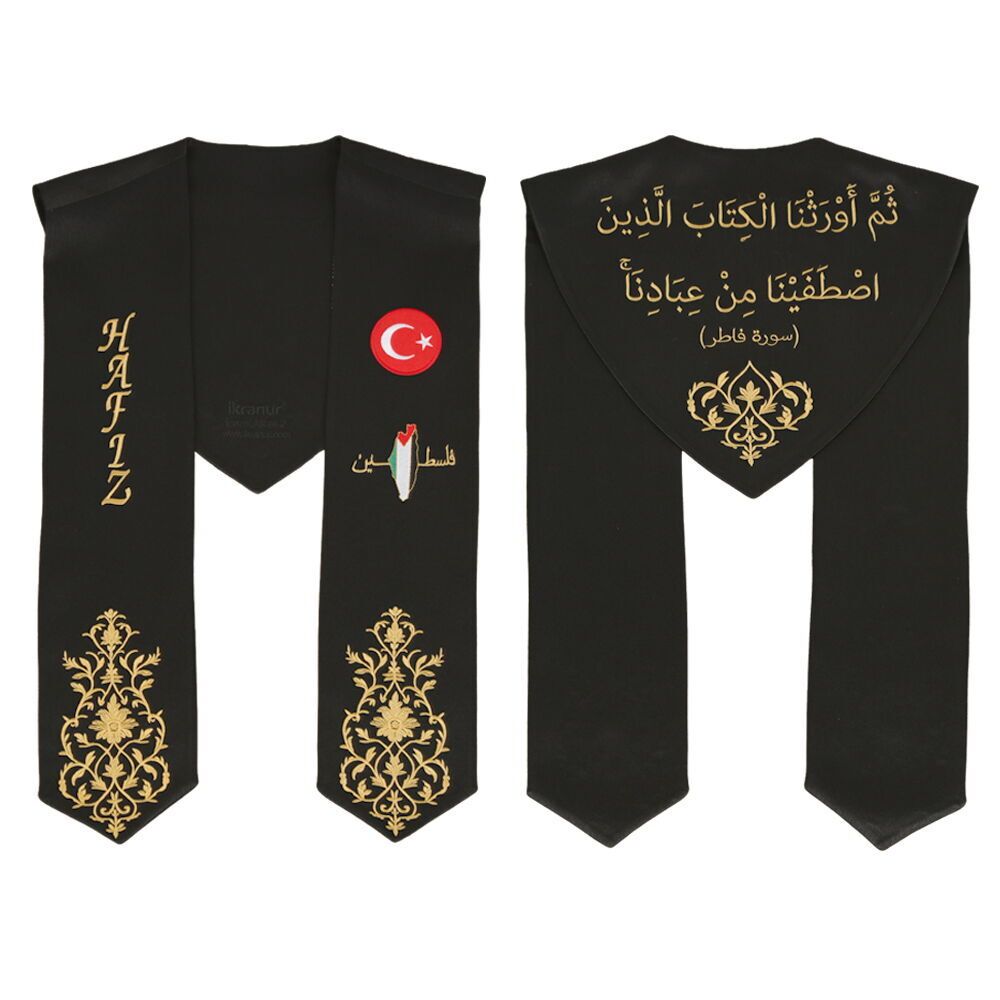  Hafızlık İcazet Atkısı Türk Filistin Bayrak İşlemeli Gold Nakış-Siyah