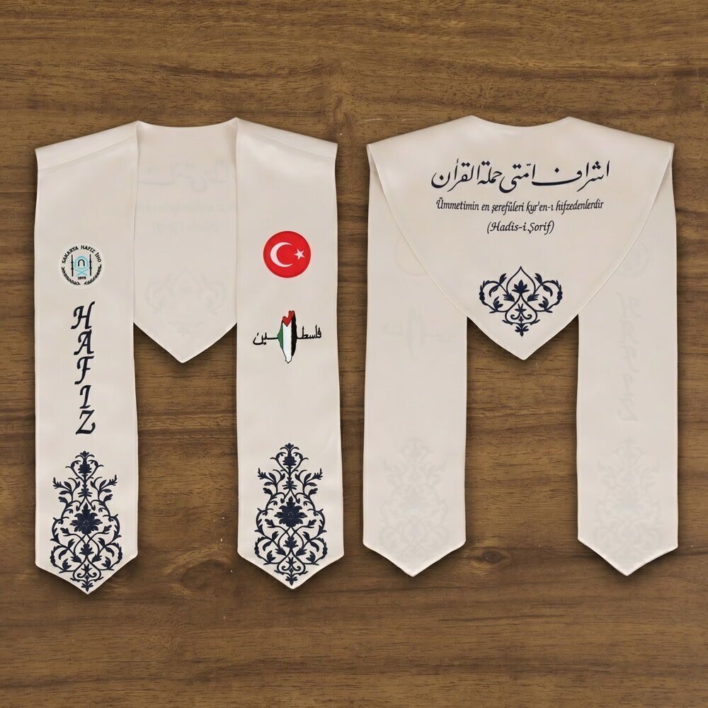  Hafızlık İcazet Atkısı Türk Filistin Bayrağı ve Kurs Logusu İşlemeli Lacivert Nakışlı-Krem