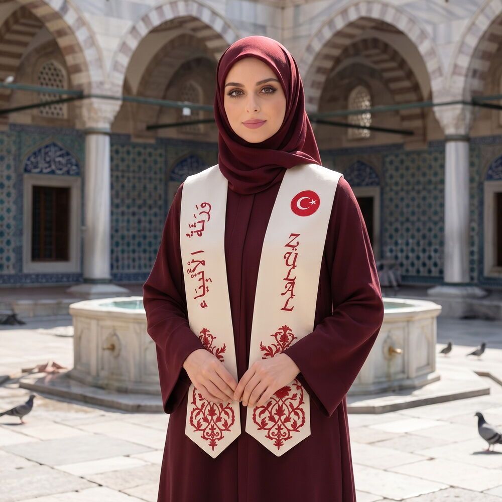  Hafızlık İcazet Merasim Atkısı Bordo Ayet Nakışlı - Krem